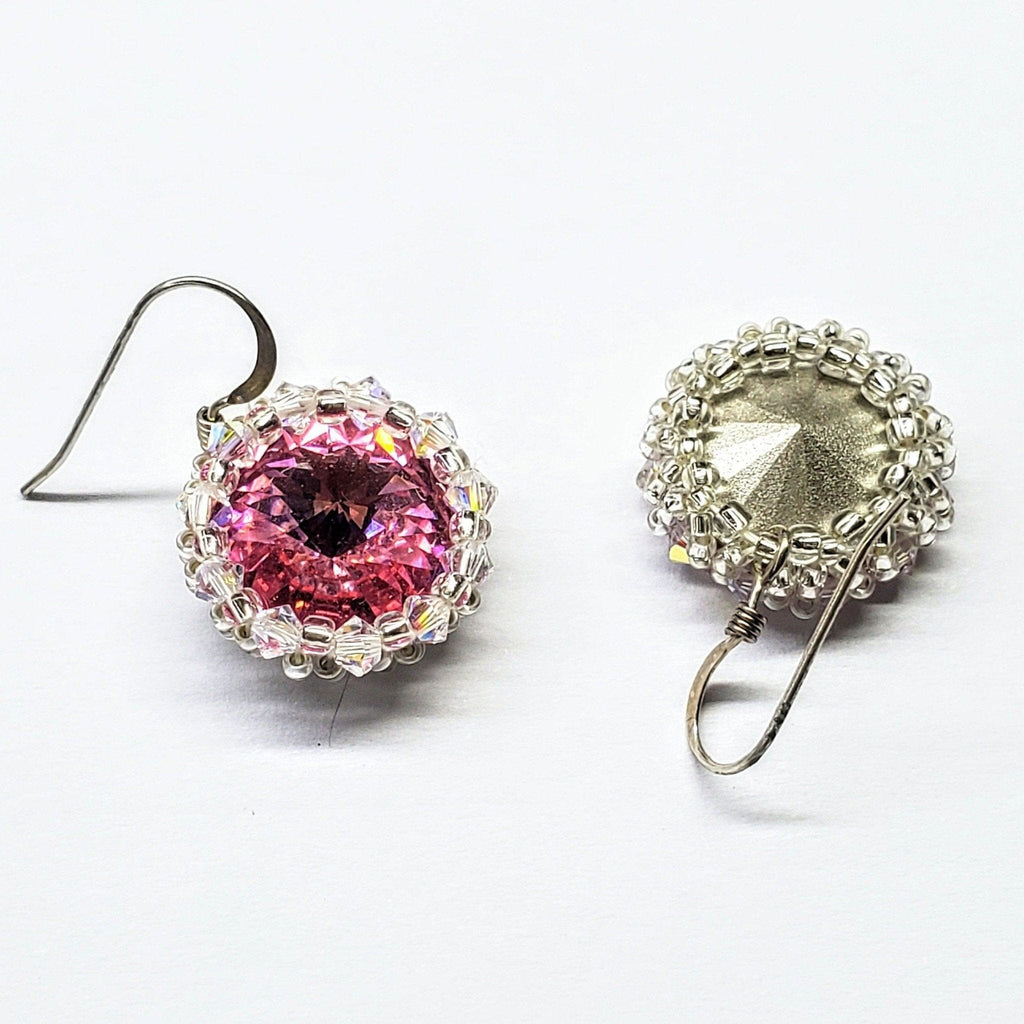 pink crystal earrings - pink crystal earrings - pink gift - swarowski crystals - swarowski jewellery - pink vintage earrings - Beaded Bezel Pink Crystal Halo Earrings -  - Alexa Martha Designs   