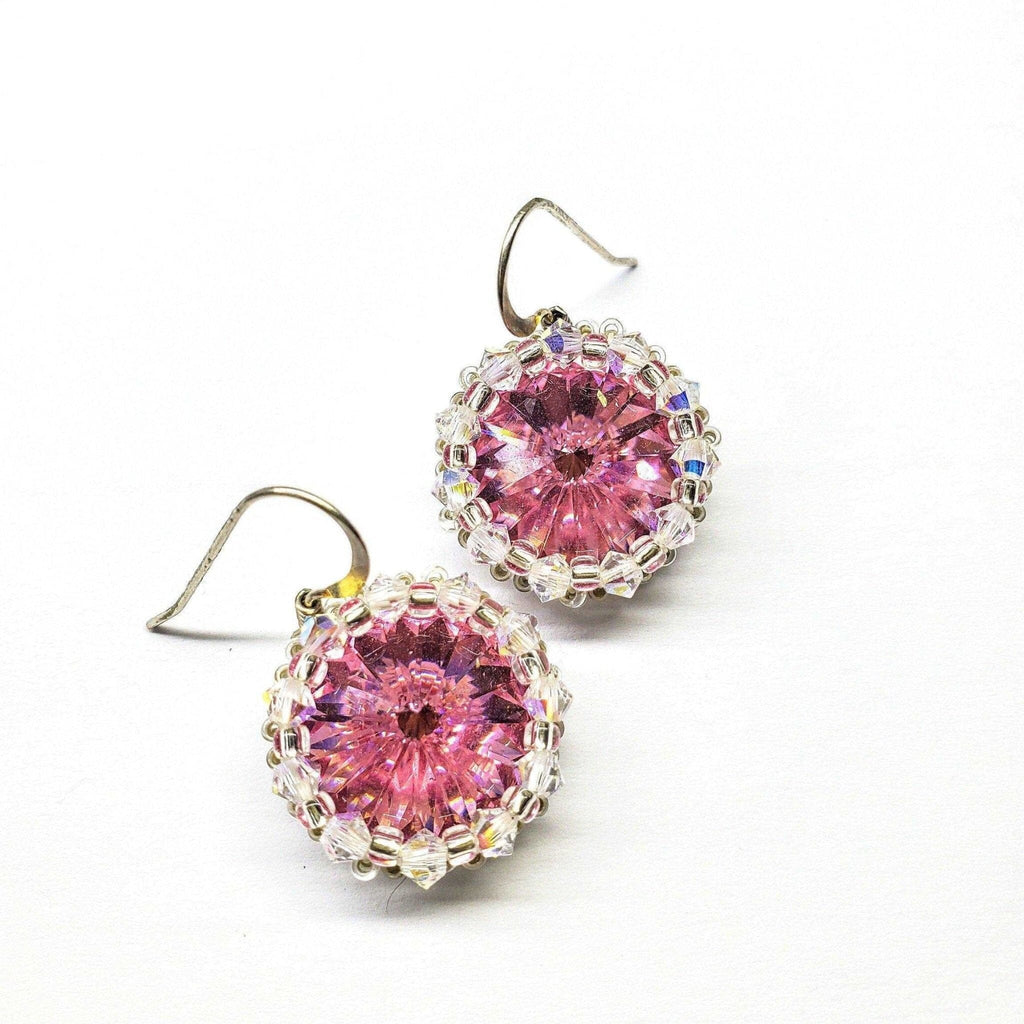 pink crystal earrings - pink crystal earrings - pink gift - swarowski crystals - swarowski jewellery - pink vintage earrings Beaded Bezel Pink Crystal Halo Earrings Alexa Martha Designs