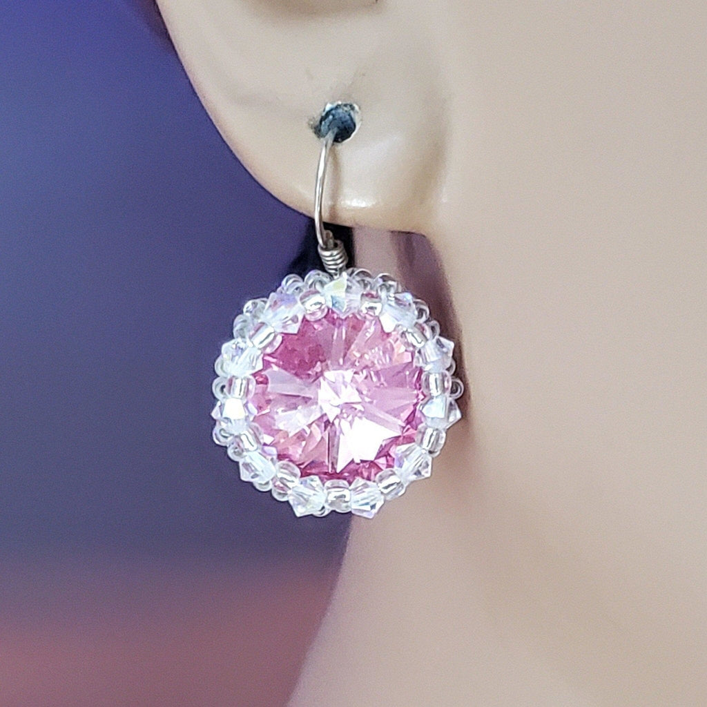 pink crystal earrings - pink crystal earrings - pink gift - swarowski crystals - swarowski jewellery - pink vintage earrings Beaded Bezel Pink Crystal Halo Earrings Alexa Martha Designs