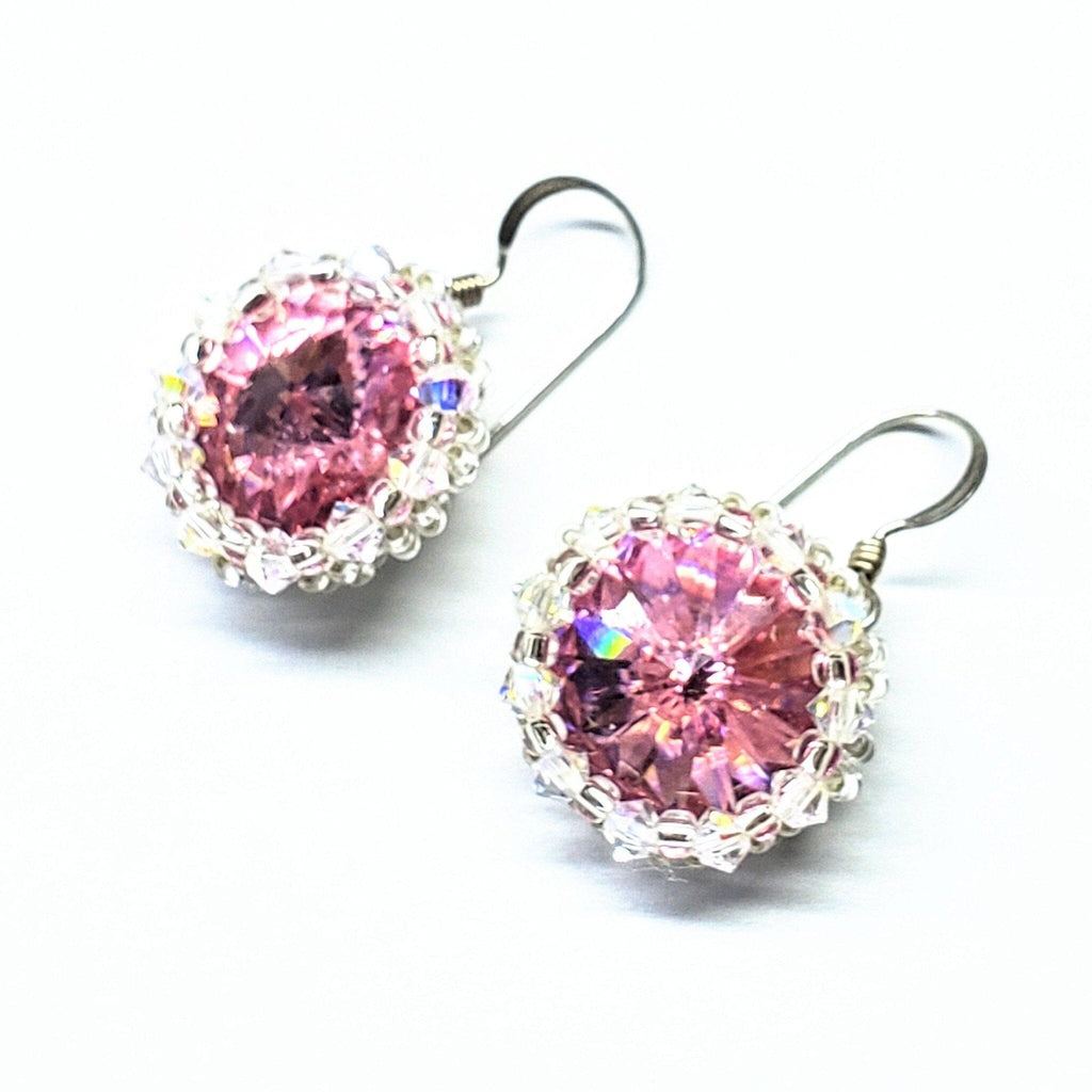 pink crystal earrings - pink crystal earrings - pink gift - swarowski crystals - swarowski jewellery - pink vintage earrings Beaded Bezel Pink Crystal Halo Earrings -  - Alexa Martha Designs   
