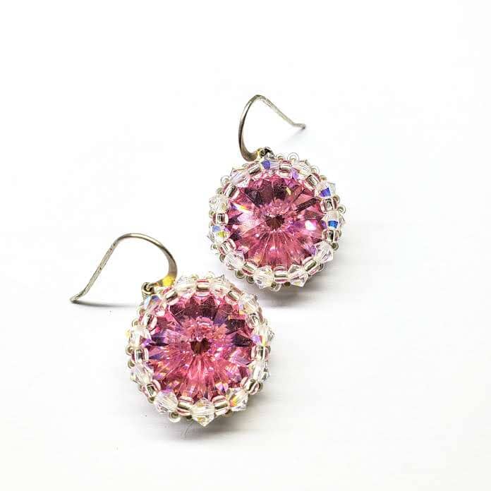 pink crystal earrings - pink crystal earrings - pink gift - swarowski crystals - swarowski jewellery - pink vintage earrings Beaded Bezel Pink Crystal Halo Earrings -  - Alexa Martha Designs   