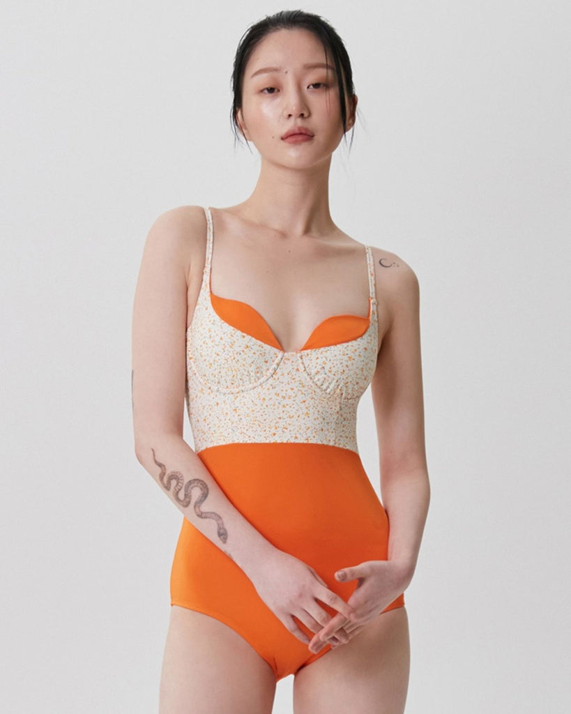 Orange-ade recipe swimsuit. Luxury sustainable swimwear. Shop Unique ethical swimwear for summer 2022 made in South Korea Fashion
