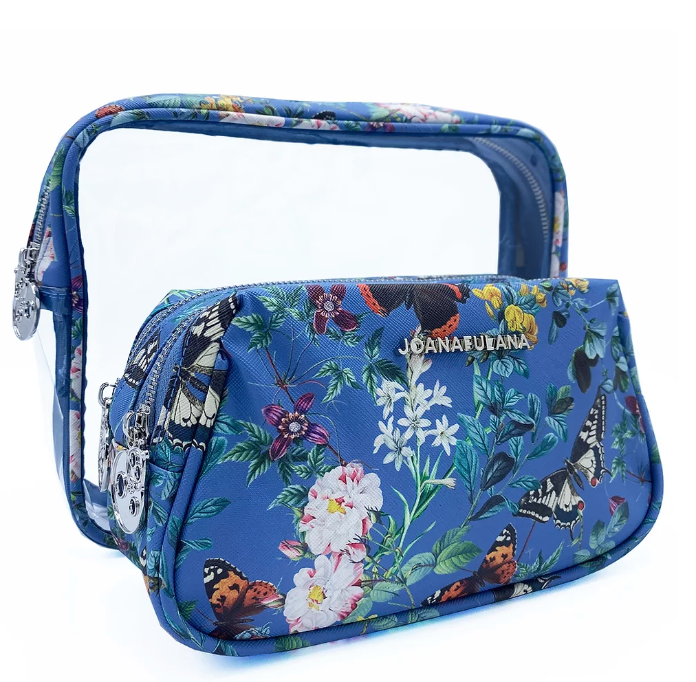 joana fulana blue batterfly print bag - vegan travel accessories - best vegan gift for her- clear liquid case for makeup - reusable cosmetics bag