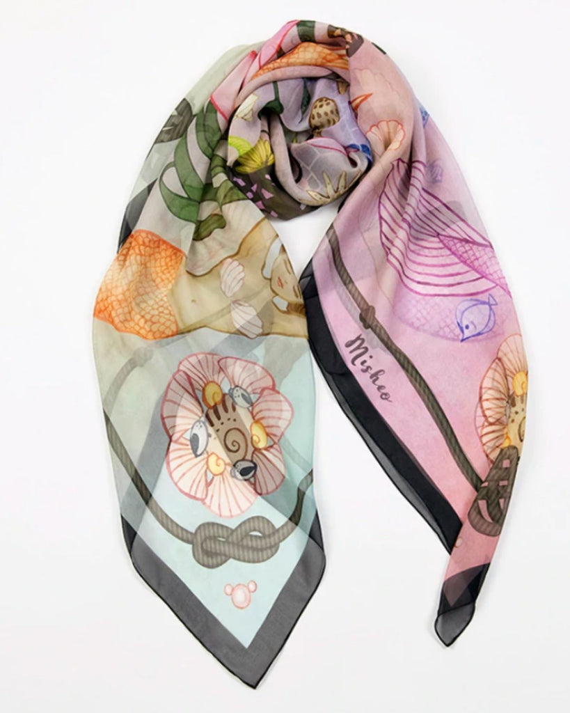 Sustainable gift for her - best ethical accessories and hand made scarves. mermaid silk scarf