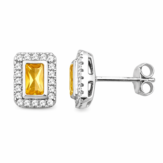 Yellow Topaz Rectangle Halo Stud Earrings