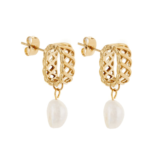 Gold Woven Drop Pearl Earrings