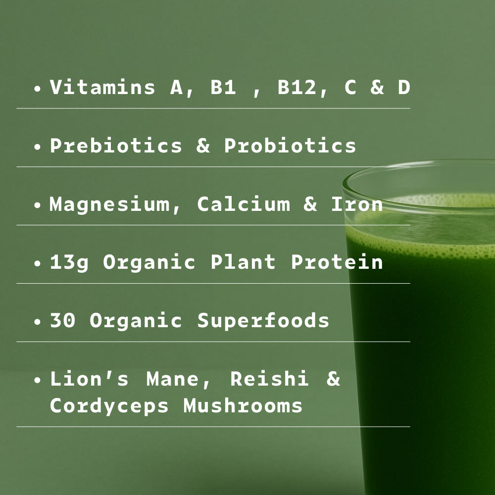 Ultimate daily nutrition blend of organic superfoods, greens, protein, vitamins, minerals, adaptogens, fibre, prebiotics and probiotics . 