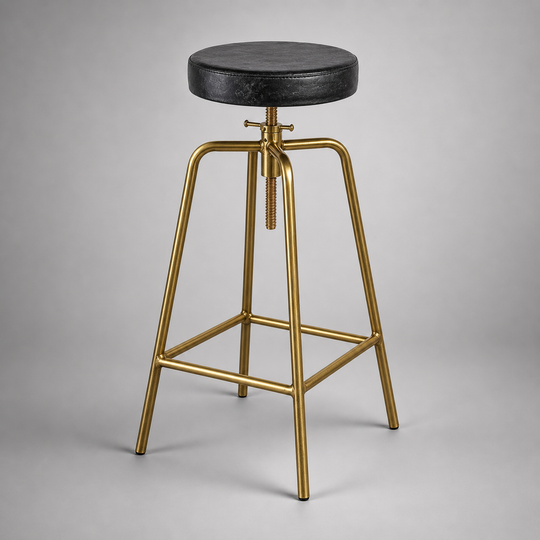 Patinated Brass & Black Leather Adjustable Industrial Bar Stool