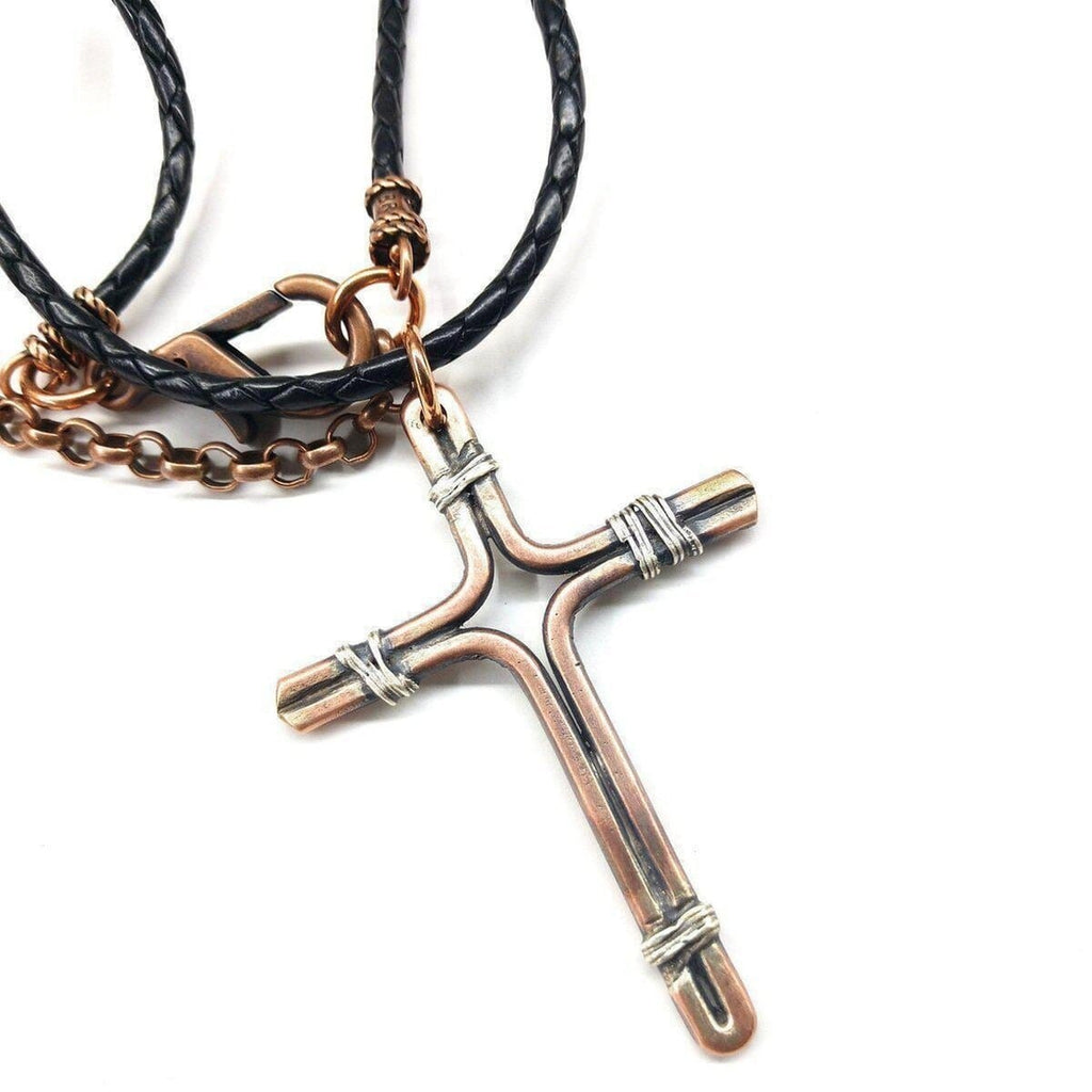 unique gift for him - Men's jewellery - sustainable jewellery - ethical cross necklace  - mindful gift for him Handmade Copper and Silver Wire Cross Necklace for Him - Necklaces - Alexa Martha Designs   
