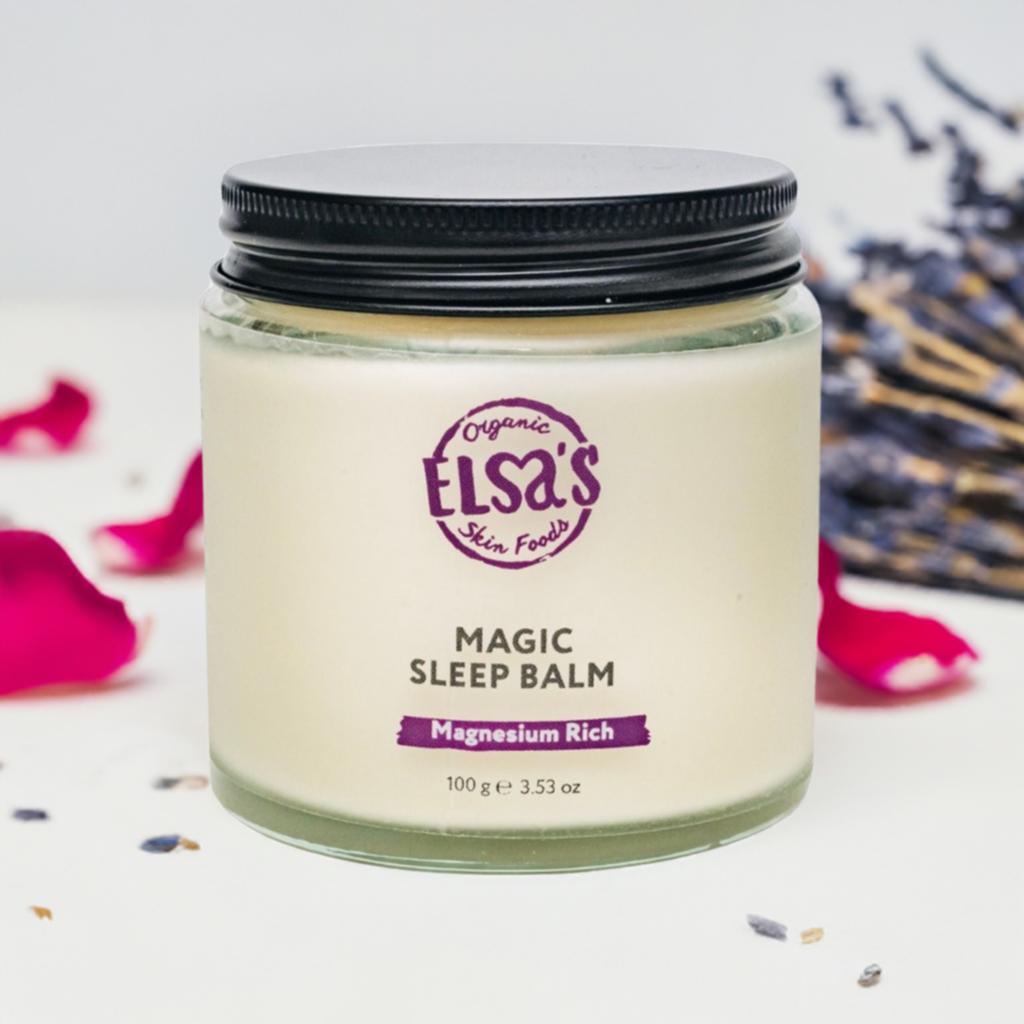 Magnesium Cream and Magnesium Butter for Sleep in a glass jar from Elsa's Organic Magic Sleep Balm