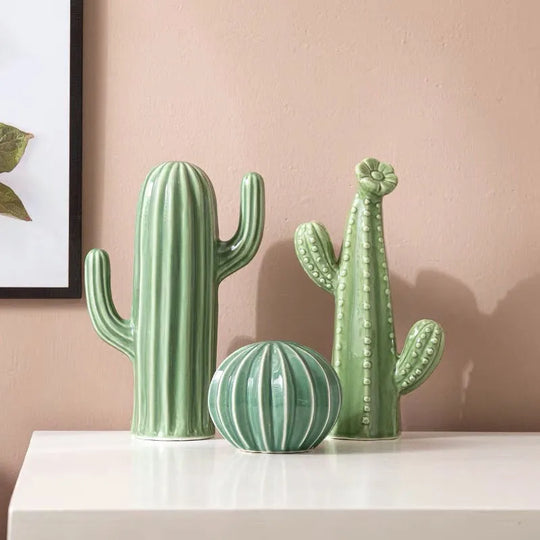 Ceramic Cactus Ornament – Nordic Green Decorative Home Art Sculpture