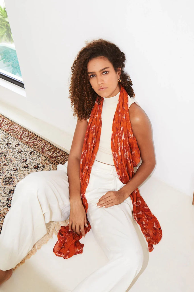 red beach sarong - luxury beachwear - beautiful printed beach scarf - bamboo accessories