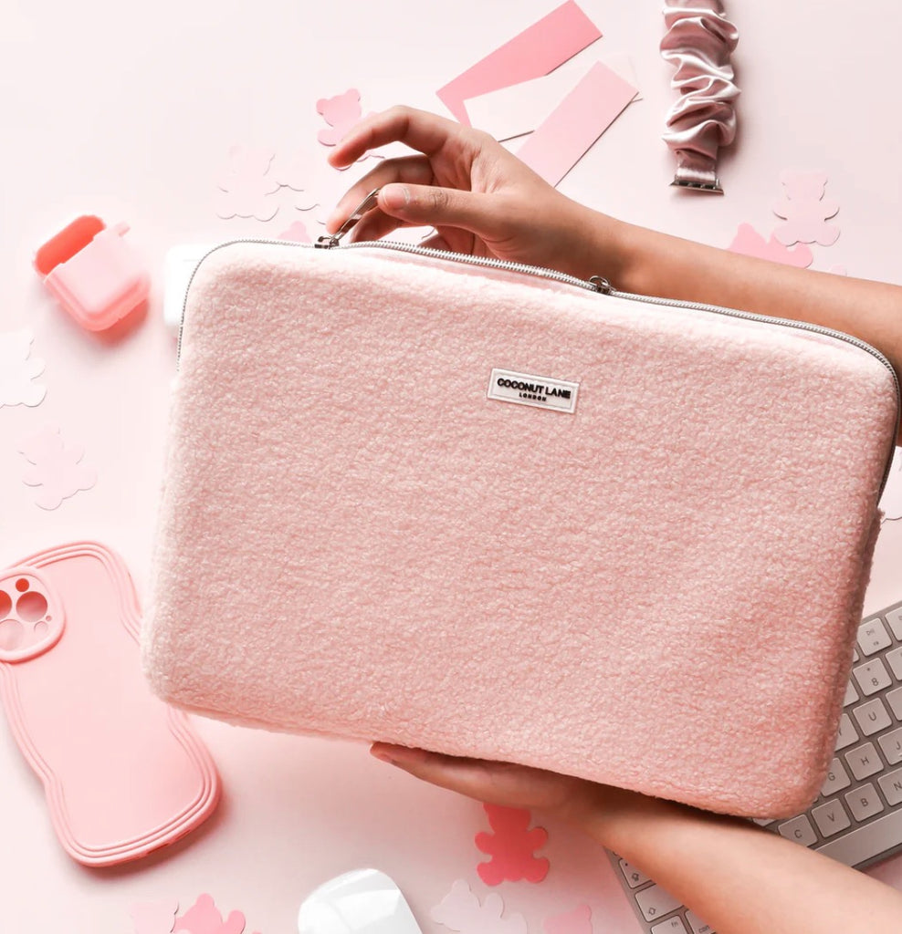 Unique gift for her - pink laptop case cover -fluffy teddy bear laptop sleeve