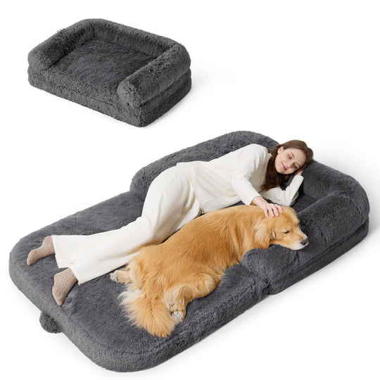 Bedsure Foldable Human Dog Bed — 2-in-1 Giant Bed with Bolster, Egg-Crate Foam, Waterproof Liner, Faux Fur (Dark Grey)