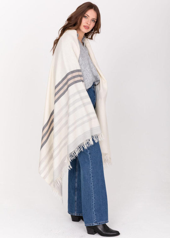 Cream Merino Wool Shawl Scarf – Oversized Blanket Wrap with Stripes
