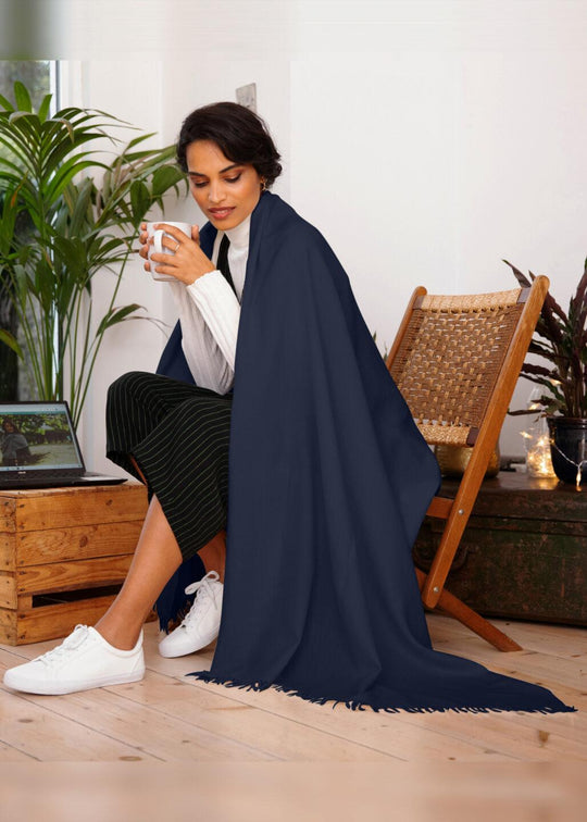 Navy Blue Wool Shawl – Oversized Blanket Scarf