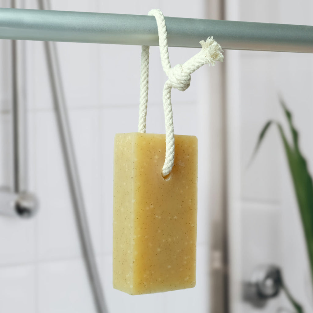 lemongrass -  friendly soap on a rope hanging up in shower room