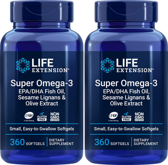 Life Extension Super Omega-3 360 Softgels (2-Pack) – Easy to Swallow, Lemon Flavor, IFOS Certified