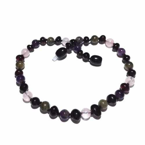 Childs Gaia Black Cherry Baltic Amber Amethyst Rose Quartz Labradorite Gemstone Necklace