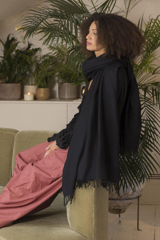 Black Merino Wool Shawl – Oversized Scarf