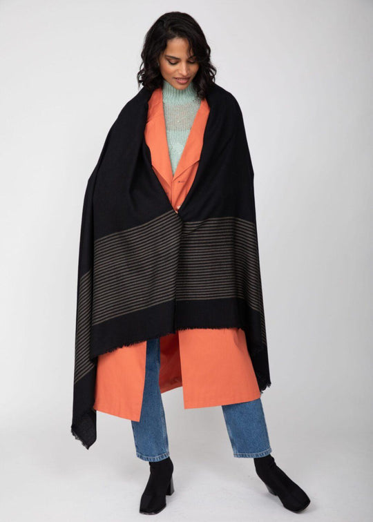 Black Merino Wool Blanket Scarf with Stripes