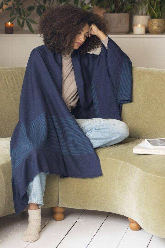 Merino Wool Blanket Scarf – Oversized Shawl Blue with Stripes