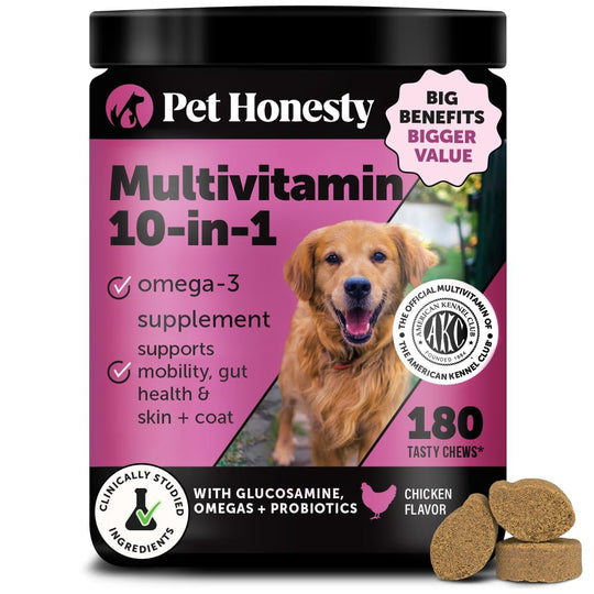 Pet Honesty Dog Multivitamin 10-in-1 – 180 Count with Omega-3, Probiotics & Glucosamine