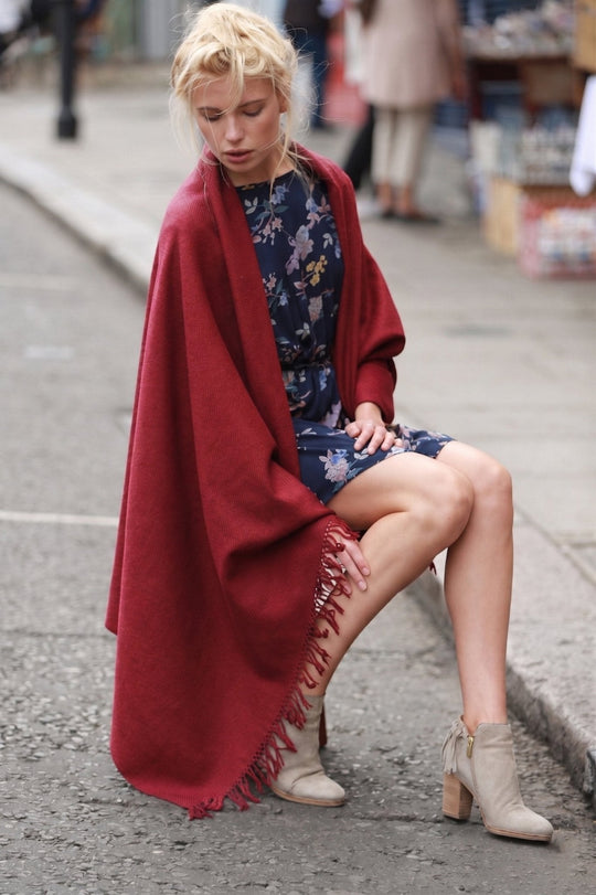 Red Merino Wool Shawl Scarf