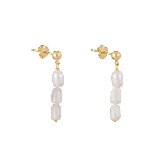 Triple Pearl Drop Earrings: Gold