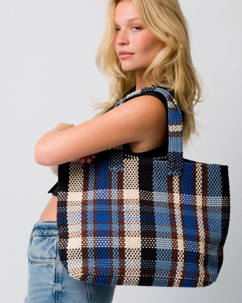 large navy check shopper bag - vegan bags uk - classy tote in navy check - vegan gifts for her