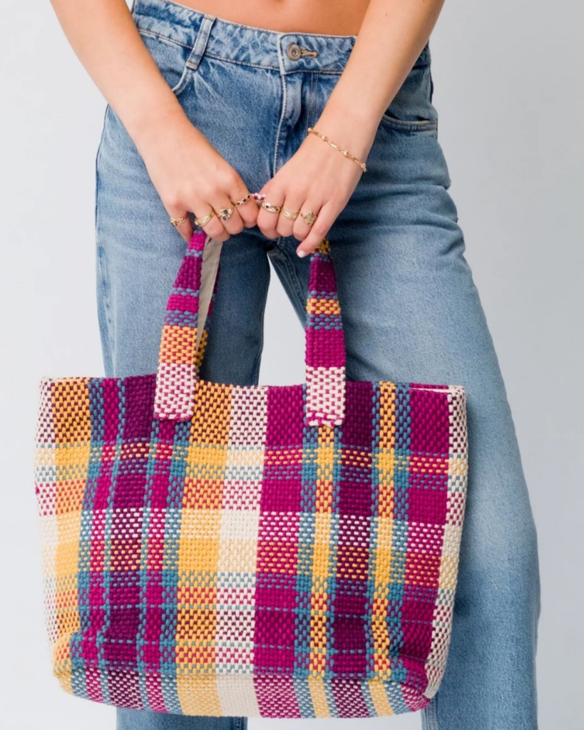 large pink shopping tote bag - pink check vegan handbag - best vegan handbags uk - cool bag for groceries shopping 