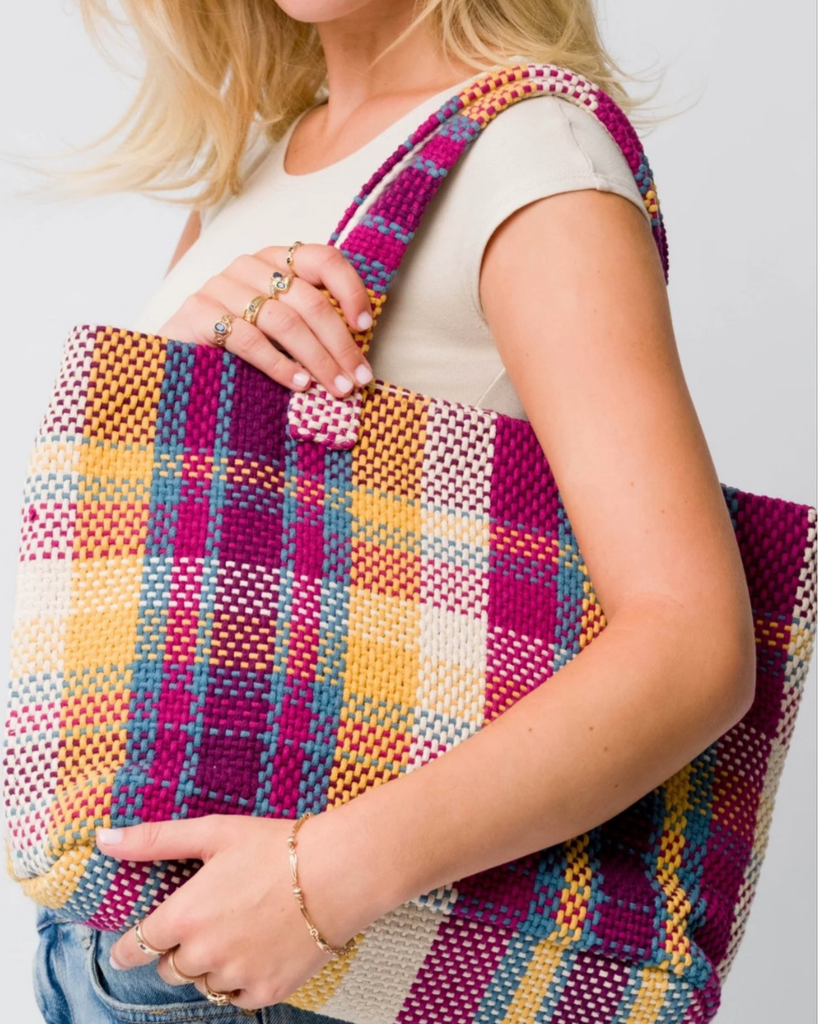 large pink shopping tote bag - pink check vegan handbag - best vegan handbags uk - cool bag for groceries shopping 