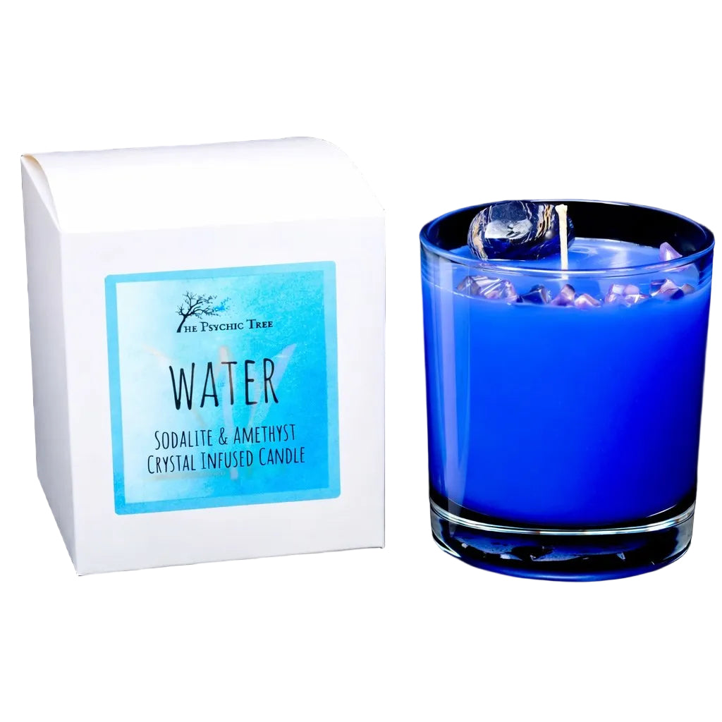 Blue crystal-infused candle with water crystals