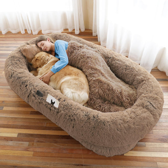 WROS Human Dog Bed – Large Washable Faux Fur Bed for You & Pets | Khaki