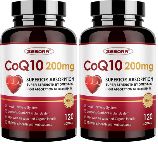 ZEBORA CoQ10-200mg Softgels with PQQ, BioPerine & Omega-3 — Pack of 2