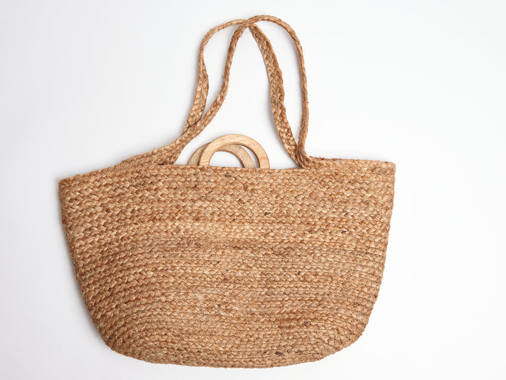 Large Jute Shopper Bag with Wood Handle from Sustainable UK Accessories Brand Ellyla