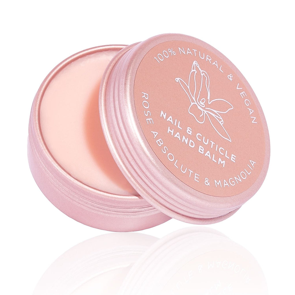 Nail and cuticle hand balm with rose absolute & magnolia vegan hand cream from Elan Skincare open aluminium tin with rose balm