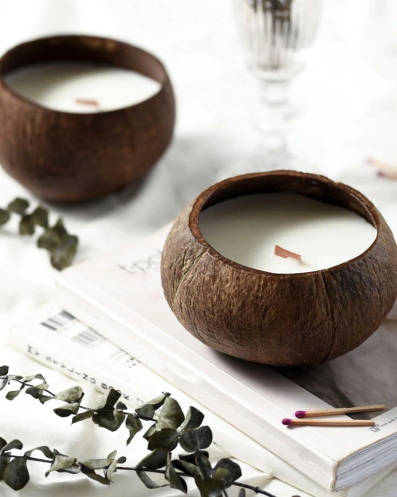 luxury candles and sustainable coconut shell candles - vegan candles and best eco friendly gifts and vegan gifts UK. Natural Coconut Vegan Candle from UK