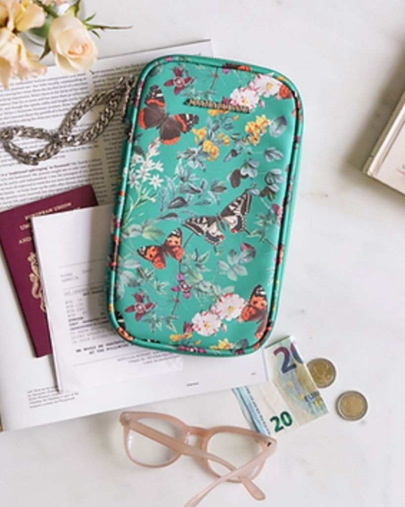 Butterfly print wallet - Travel Wallet made with Emerald Vegan Leather - best Gifts for Vegans - unique eco friendly travel accessories - vegan travel accessories and luxury vegan leather gifts