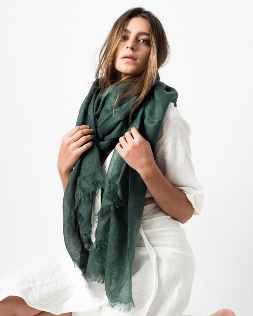 Green linen scarf - luxury accessories - Variously Moss Scarf