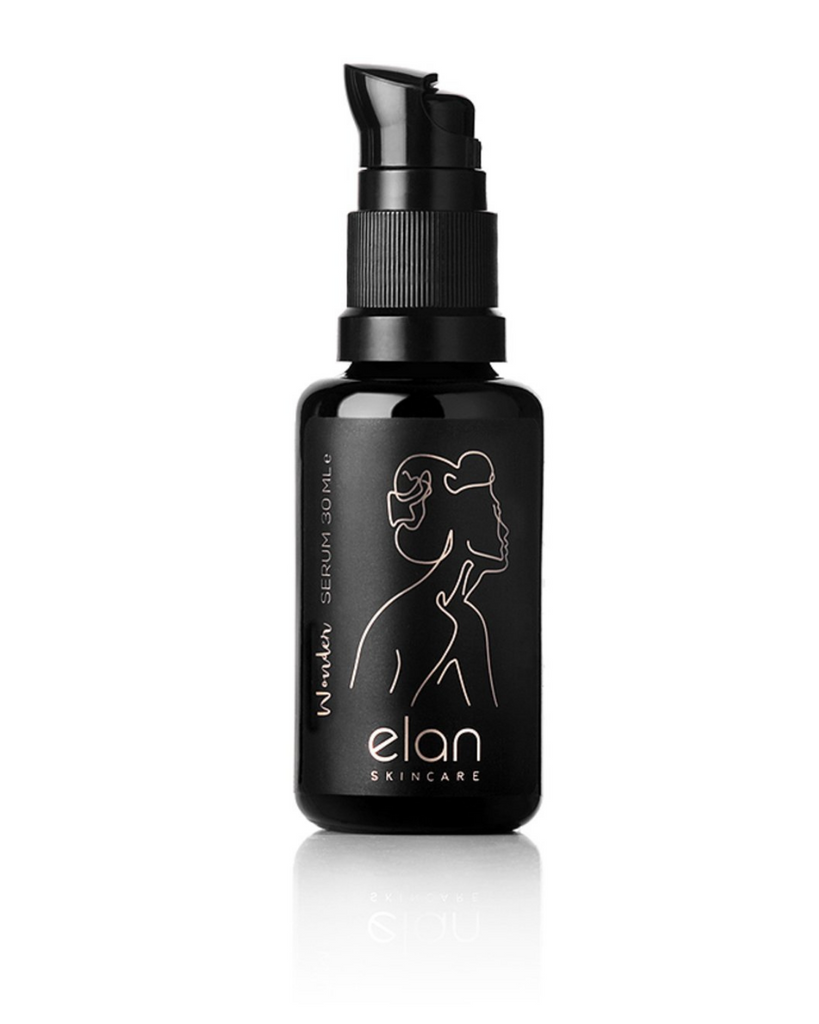 Antioxidant face serum from Elan Skincare picture. Vegan & natural skincare. Beautiful face picture on the label. Beauty brand logo.