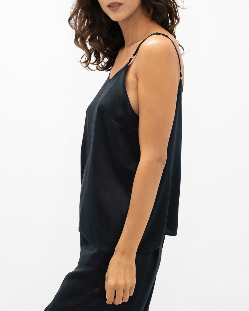 Sustainable loungewear in Black - Black Silk Camisole made with washable black sustainable regenerated silk. by 1 people Danish Designer for The positive Company marketplace 