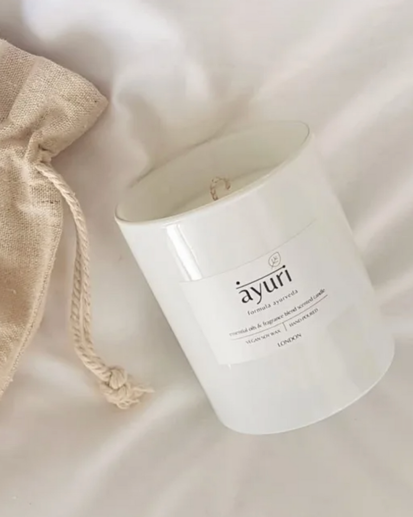White  Ayurvedic Nidra Candle - This scent has been designed to calm the mind and help evade anxiety. It is blended with herbs and botanicals to help with Vata imbalances and can aid in de-stressing and creates a sense of tranquillity. You will feel that spa vibe!
