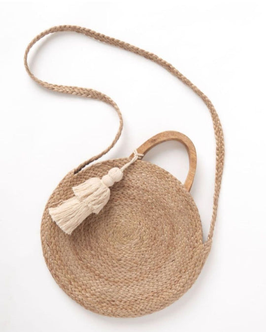 Jute Round Crossbody Bag with Wood Handle