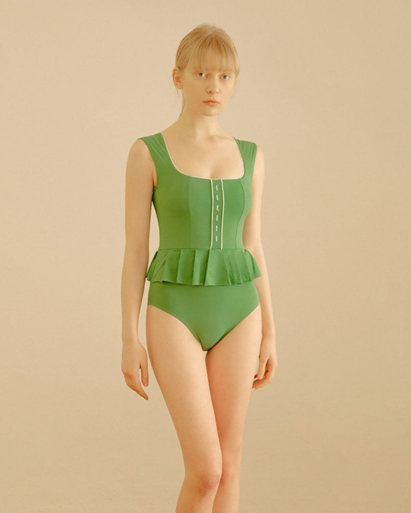 Weekend Farm Green swimsuit. Luxury sustainable swimwear. Shop Unique ethical swimwear for summer 2022 made in South Korea Fashion