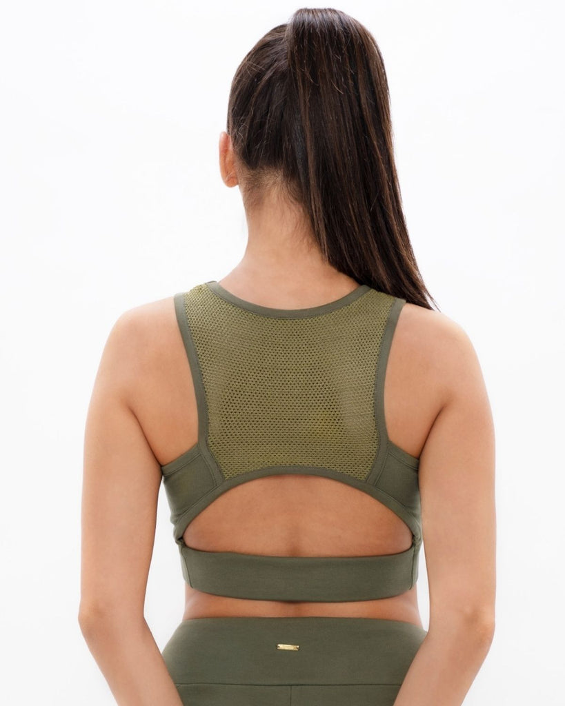 Boston open back bra top in green ash. 1 People sustainable activewear.