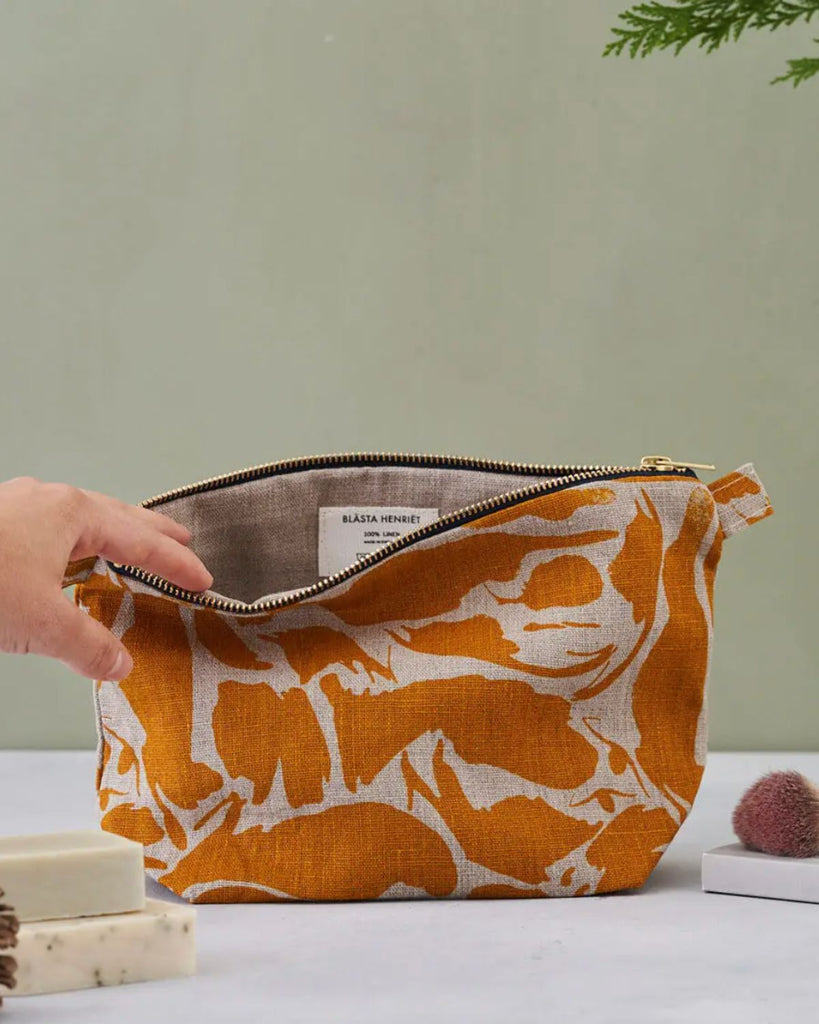 orange wash bag - linen printed toiletries bag - maindful gift