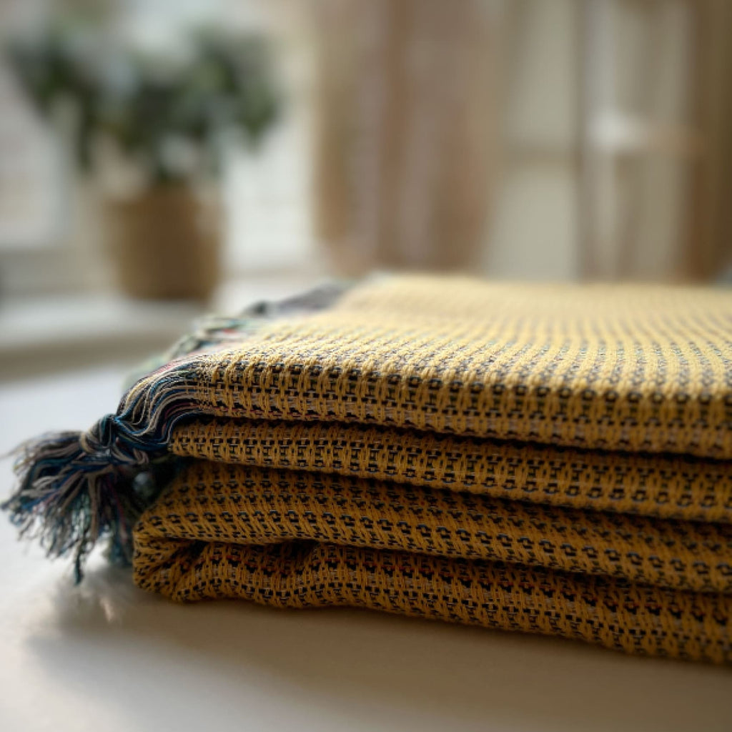Lale - Hand Loomed Cotton Blanket - Mustard - Blankets