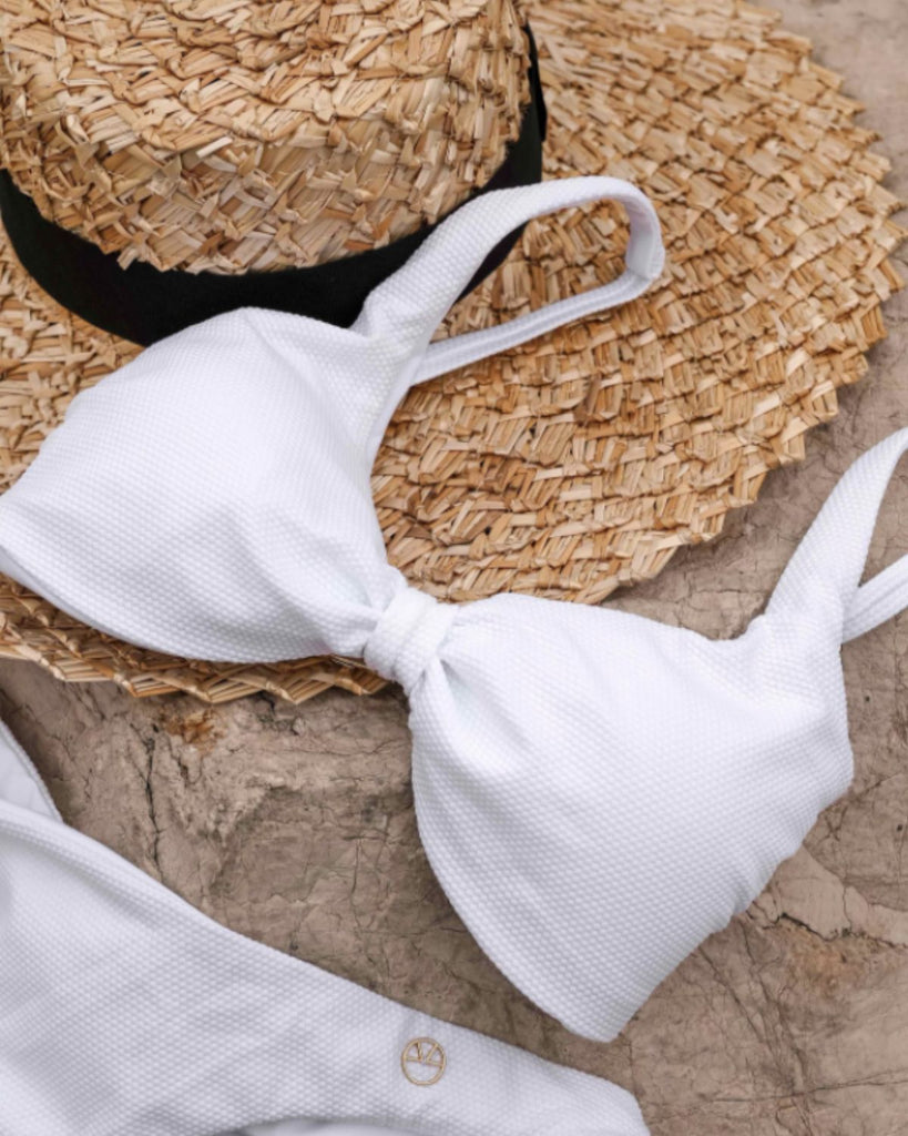in capri swim - luxury white bikini - ethical swimwear - econyl brand - handmade in uk swimwear - white beachwear