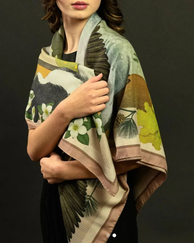 hand printed silk scarf with birds